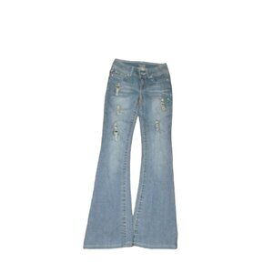 Cache Size 0 Bling Distressed Flared Gray Wash Denim Jeans